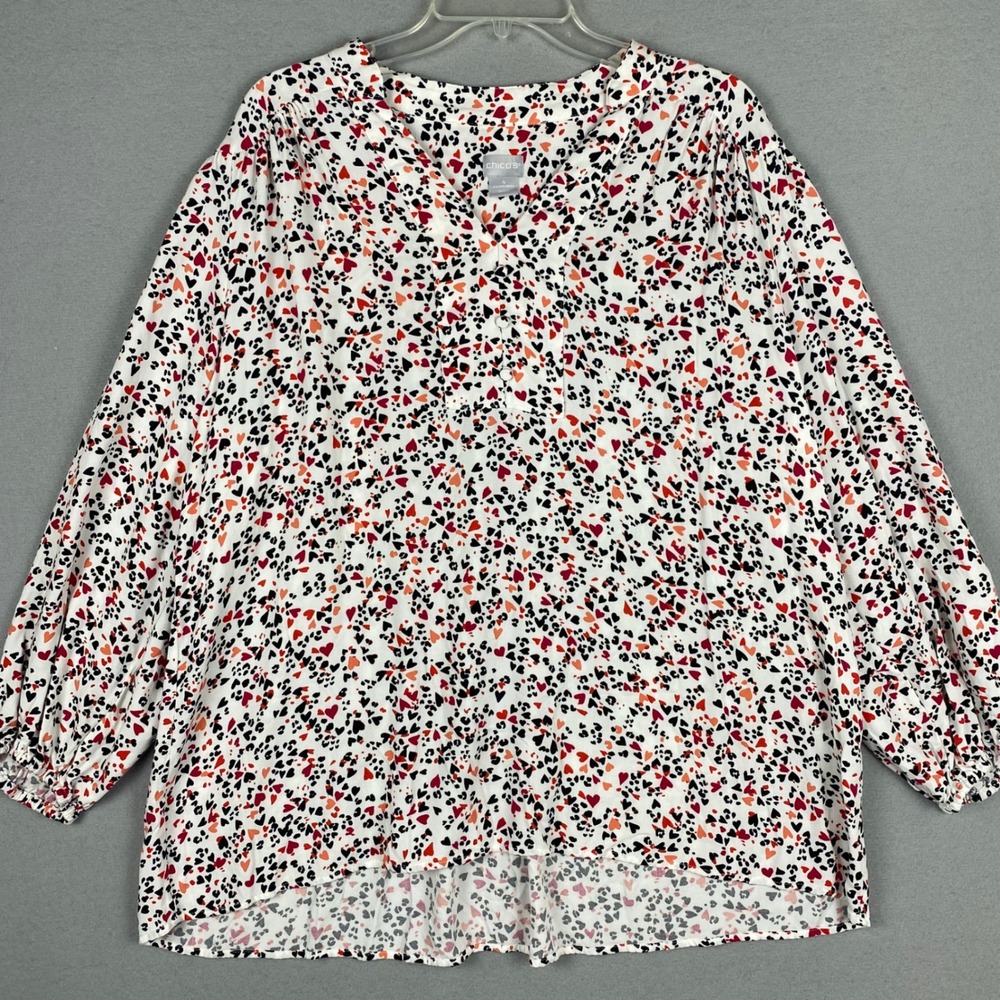 Chico's Heart Leopard Print V-Neck Balloon Sleeve Blouse White Red Size 4 20/22